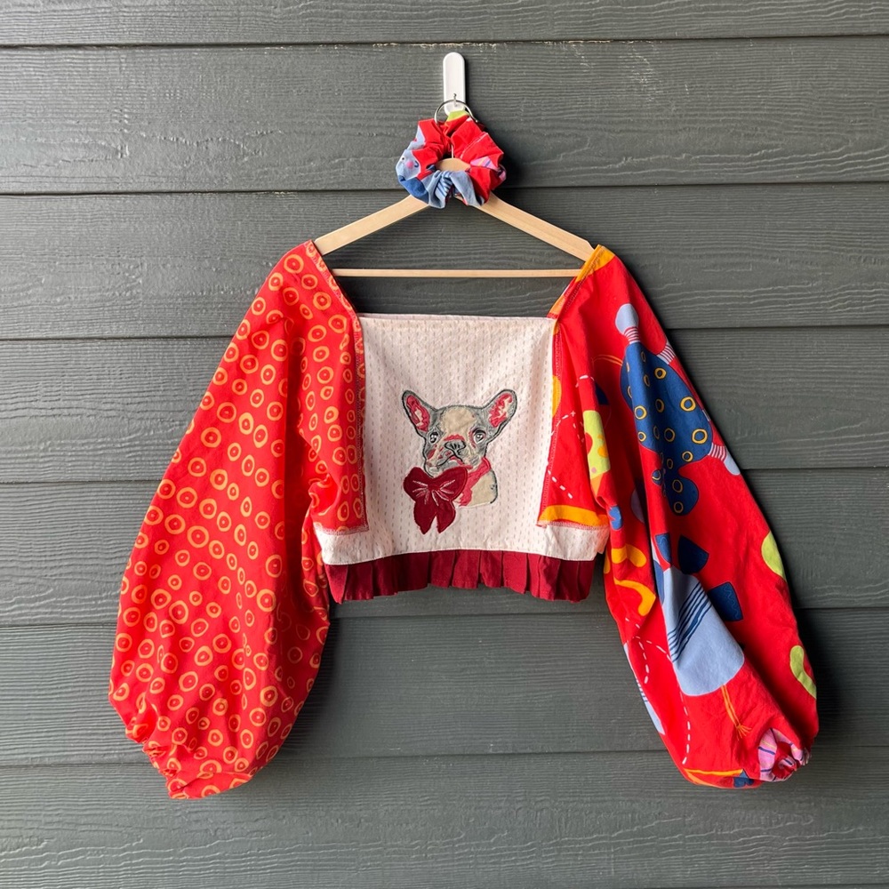 Handmade French Bulldog Bow Puff Sleeve Top with Matching Scrunchies SKU 09213 - Picture 3 of 16